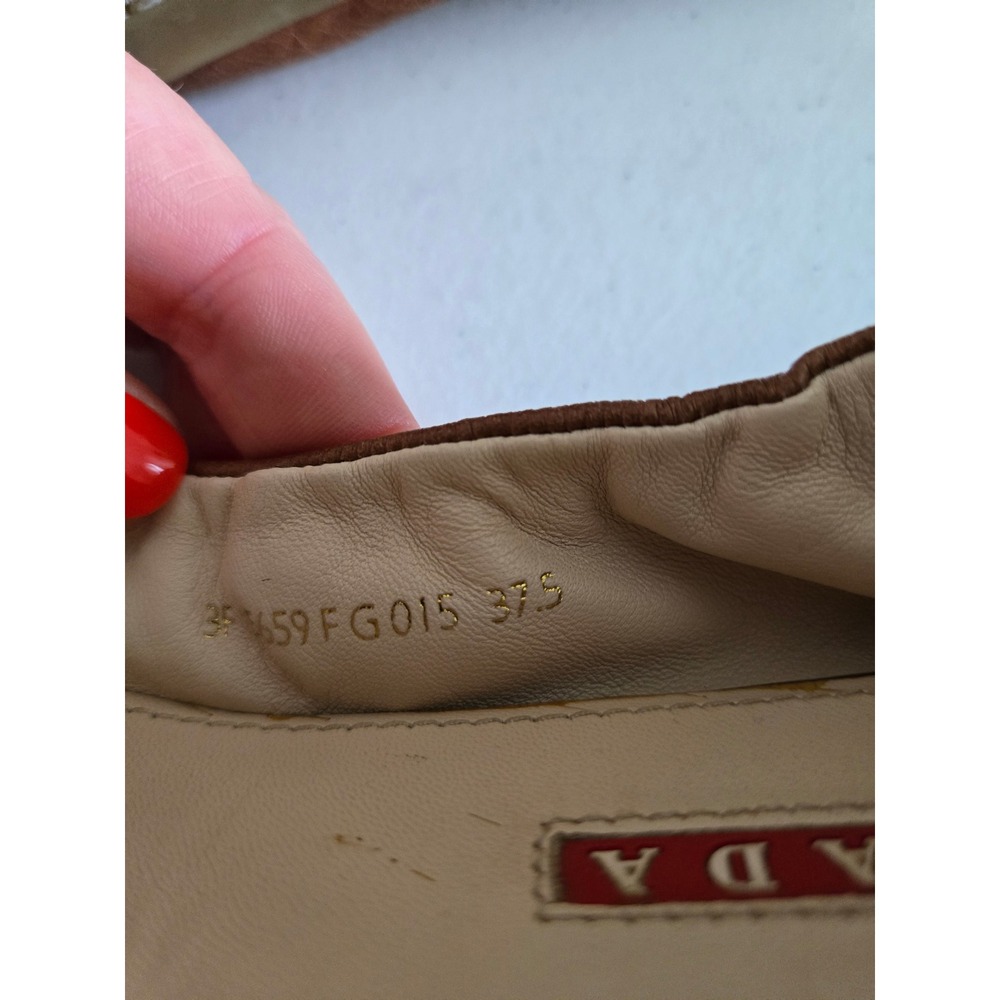 Prada Designer Brown Leather Elastic Scrunch Ballet Flats Gold Logo Womens 37.5 - Picture 5 of 9